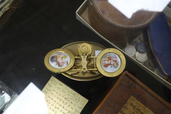 A set of Edwardian ormolu and porcelain letter scales, signed Phillipson & Golder, Chester